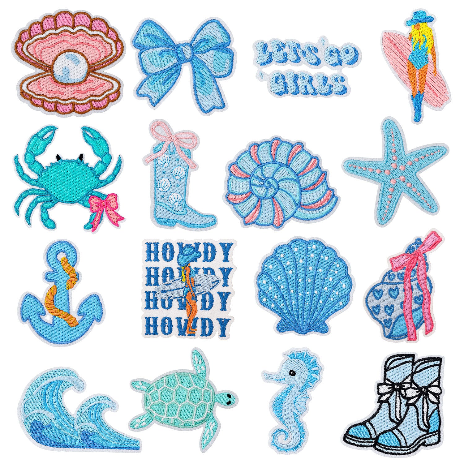Wholesale American Ocean Style 16-Piece Embroidered Cloth Patch Holiday Seahorse Anchor Surfing Girl Shell High-Density Applique